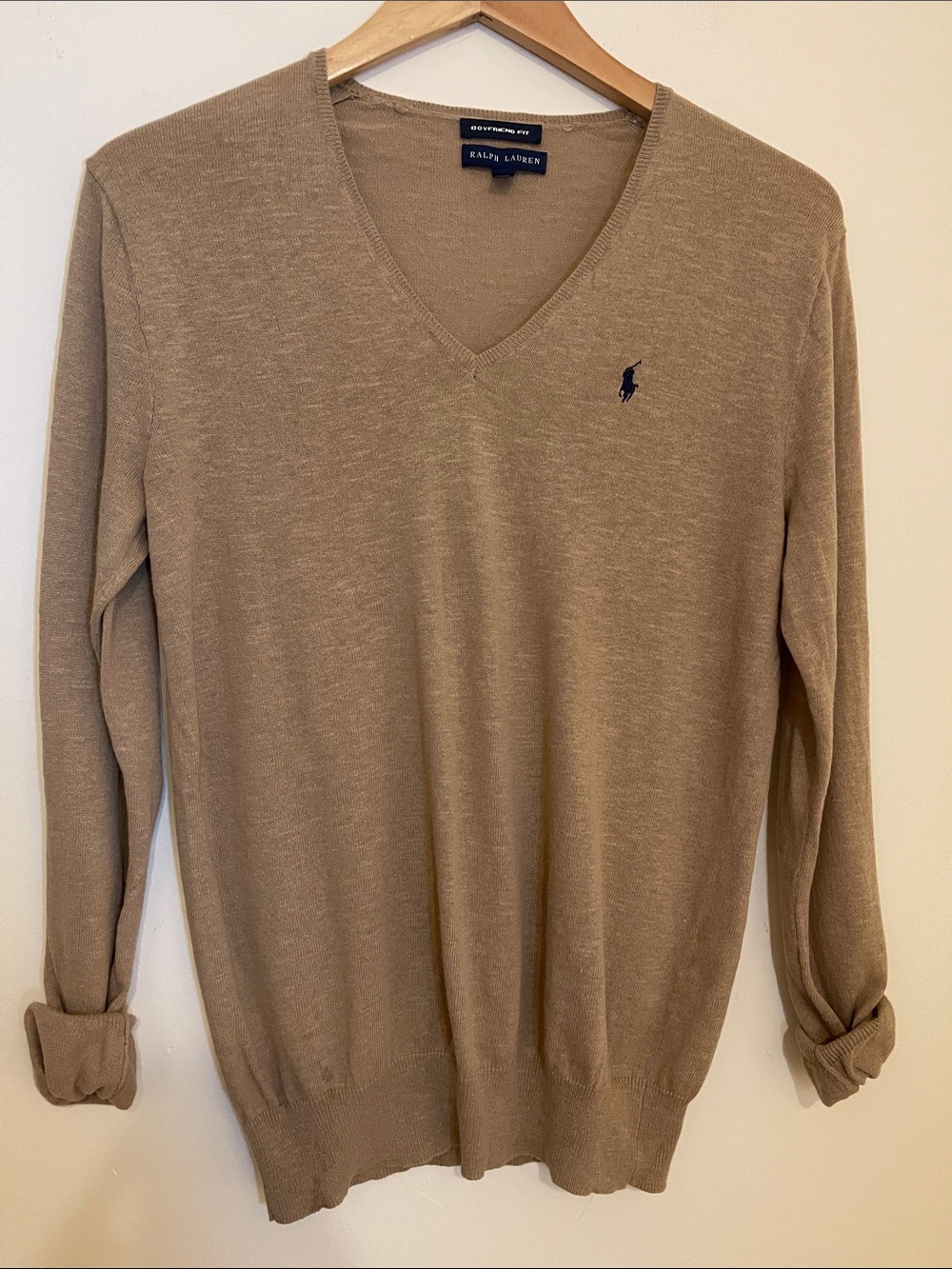 Ralph Lauren Women's V-Neck Sweater in Tan with Navy Pony cotton/linen Size M